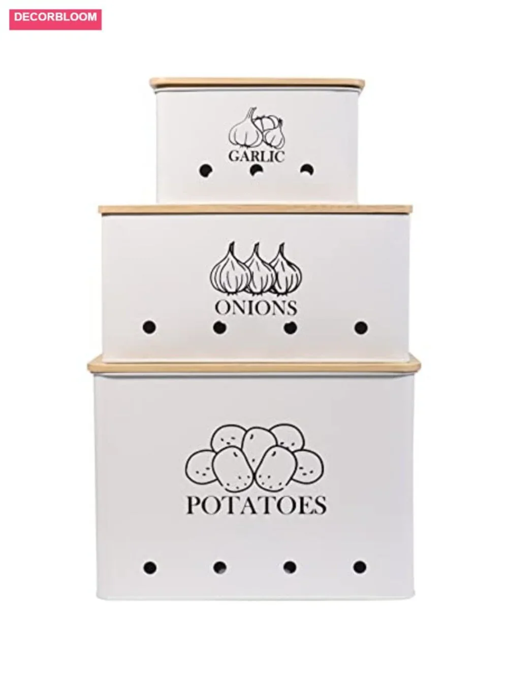Set of 3 Metal Vegetable Storage Tins with Wooden Lids and Aerating Holes